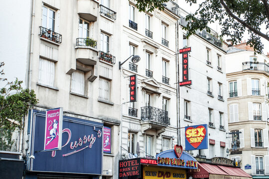 , FRANCE - October 6, 2016 - Sex shops in the Paris red-light district of Pigalle