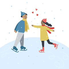 Couple ice skating together. Vector winter illustration with two people on the ice rink