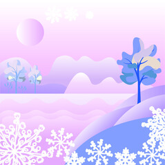 Fototapeta na wymiar Landscape with snow. Vector illustration of winter. Vector illustration for wallpaper, card,decoration,banners. 