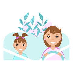 Illustration of a mother driving the car with her daughter on a white background. 
Woman with little girl riding a car. Hand drawn simple flat. Stock vector illustration on white background.
