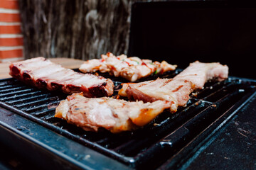 Selective focus. Skewer of chicken with pieces of red and green peppers, pork rib in a barbecue. Food. Life Style.