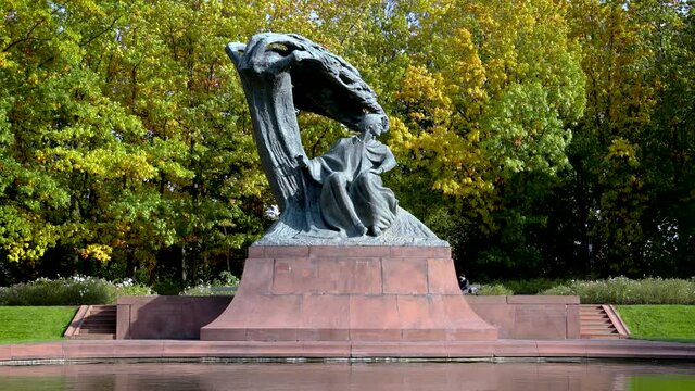 4k video of Fryderyk Chopin monument in Lazienki Krolweskie, Royal Baths Park in Warsaw city, Poland