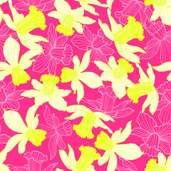 vector illustration. white daffodils with line art on pink background repeat pattern.