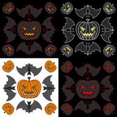 set glowing pumpkin halloween pumpkin for celebration, bat, holiday traditions, lineart, dark set, helloween card. pattern