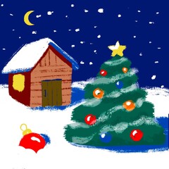 Fototapeta na wymiar new year tree, house in snow, christmas tree card, postcard, night, snowfall, winter home