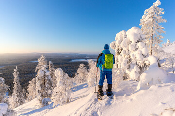 Hiker on snowshoes amongst frozen trees near Pyha in Lapland, Finland