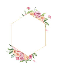 Watercolor floral illustration - leaves and branches frame with flowers and leaves for wedding stationary, greetings, wallpapers, background. Roses, green leaves. High quality illustration