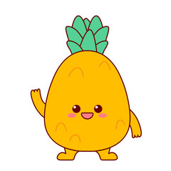 Kawaii fun pineapple isolated on white background. Flat design for poster or t-shirt. Vector illustration