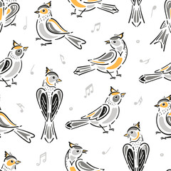 Birds and Musical Notes Seamless Pattern. Flock of Chirping Birds Vector Background