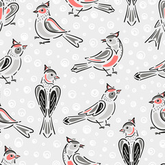Seamless Christmas Pattern with Winter Birds and Snowballs. Vector Background for Winter Holidays, Christmas and New Year Design