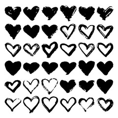 Collection of black grunge paint heart. Set of brush strokes isolated on white background. Vector illustration.