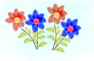 Watercolor red and blue beautiful flower background illustration