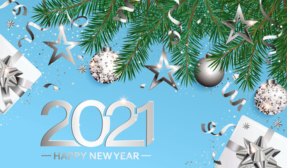 Wishing card for Happy 2021 New Year,new season.Greeting banner in silver with christmas gifts,holiday elements for greetig or invitatin card, placard for seasonal holidays, flyer.Vector Illustration.