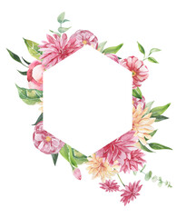 Watercolor floral illustration - leaves and branches frame with flowers and leaves for wedding stationary, greetings, wallpapers, background. Roses, green leaves. High quality illustration