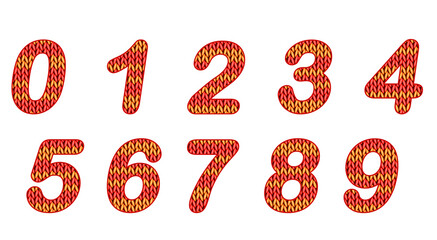 Set of vector knitted numbers. Textured knitted red and yellow fabric.