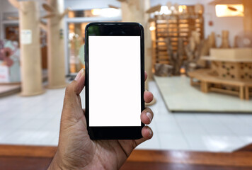 Asian man using hand hold black smartphone, Smartphone mockup background