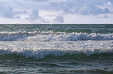 Sea Waves. Beautiful Sea landscape. Idea for wallpaper, postcard, poster design, banner, copy space for your text, close up. waves on the beach