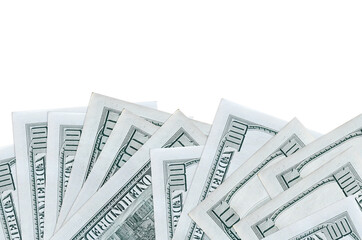 100 US dollars bills lies on bottom side of screen isolated on white background with copy space....