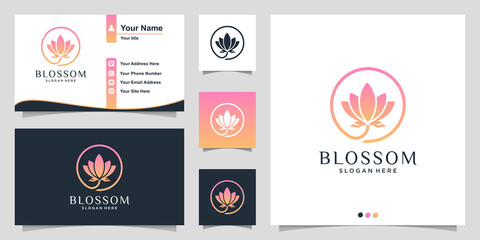 Blossom logo with modern gradient line art style and business card design template Premium Vector