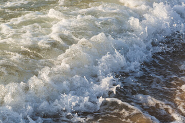 Sea Waves. Beautiful Sea landscape. Idea for wallpaper, postcard, poster design, banner, copy space for your text, close up. waves on the beach