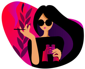 Elegant girl smokes and watches someone with binoculars