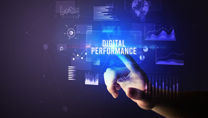 Hand touching DIGITAL PERFORMANCE inscription, new business technology concept