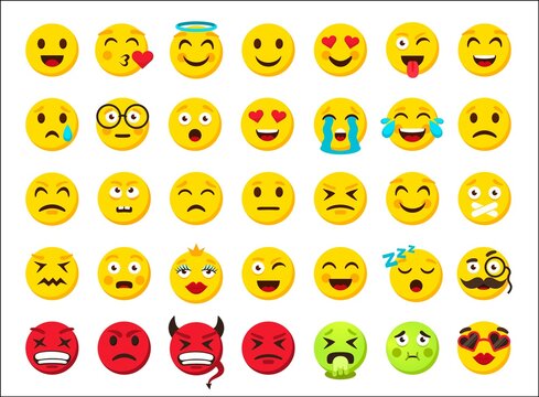 Cartoon emoji. Smile emoticon symbols. Digital chat icons. Online messenger sticker. Yellow and red evil round smiley, fun and sad facial emotion clipart collection. Vector web template isolated set