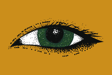 Hand drawn vector illustration of an eye. Asian girl eye on yellow background. Dot work style.