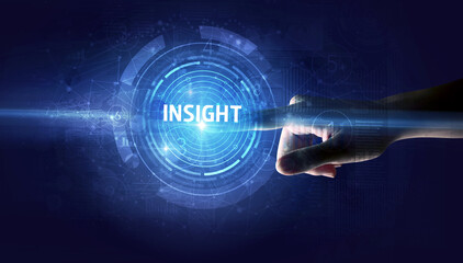 Hand touching INSIGHT button, modern business technology concept