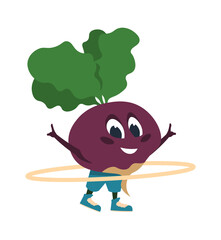 Cartoon beet doing fitness activities. Vegetable talisman twisting hoop. Sport exercise and workout. Aerobics or gymnastic training. Diet and health active lifestyle. Vector cute mascot illustration