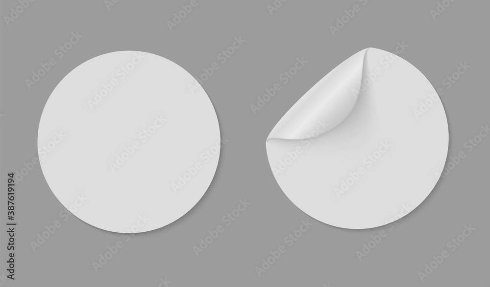 Poster paper round stickers with curled edge. circle sticky white banners with curved corner and straight p
