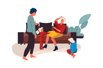 Family conflict. Couple quarrel at home, mother and father shouting with children. Kids suffer from parental dissolution, problems in relationship. Vector partners disagreement isolated illustration