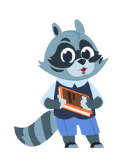 School raccoon character. Cartoon animal kid with book, little forest citizen reading textbook. Cute advertising template for publications, children clothes or stationery. Vector isolated illustration