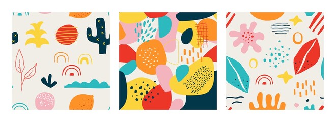 Contemporary shape pattern. Seamless abstract doodle modern square collage for social media posts and stories. Bright colorful organic forms leaves and flowers vector trendy cute geometric texture set