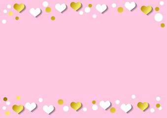 Fototapeta na wymiar Festive romantic pink background with frame of white hearts and confetti and golden stripes