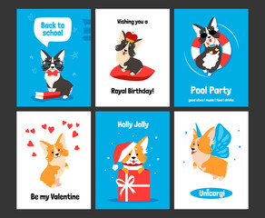 Corgi greeting card. Posters and invitations with cute puppy, cartoon dog characters on banners. Smiling animals with comic emotions, funny celebration text and holidays wishes. Vector postcards set