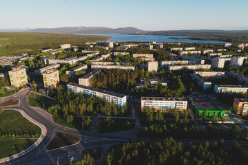 Aerial Townscape of Town Poliarnye Zori located in Northwestern Russia
