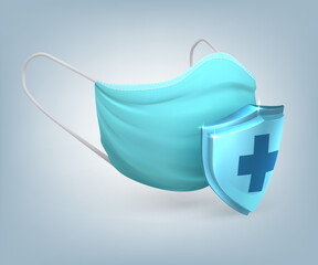 Protective mask. Realistic medical anti-virus prevention, 3D glass or plastic shield coronavirus safety. Disposable tools clinics and hospitals workers. Vector surgical mask and transparent protection