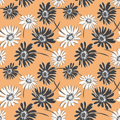 Floral seamless pattern. Vector abstract texture with simple big flower silhouettes. Elegant background with hand drawn elements. Orange, black and white color. Repeat design for decor, textile, print