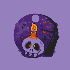 Halloween violet orange banner, poster, sticker with skull with a candle, tree, month, graves. Vector illustration for your Halloween design.