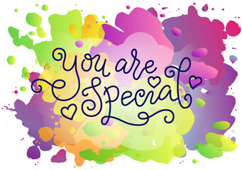 Modern mono line calligraphy lettering of You are special in blue with hearts on watercolour background