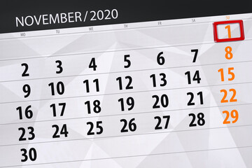 Obraz premium Calendar planner for the month november 2020, deadline day, 1, sunday