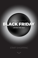 Black Friday sale banner. Minimal modern poster design template with 3d black balls. Social media product promotion web banner. Trendy abstract background. Vector illustration.