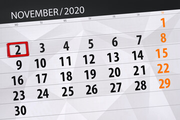 Obraz premium Calendar planner for the month november 2020, deadline day, 2, monday