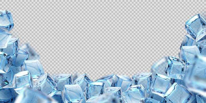 Ice cube background. Realistic transparent freeze water blocks, 3D frame for advertising of cool beverage, alcohol drink, cocktails. Vector bunch of volumetric glacial squares template with copy space