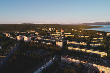 Aerial Townscape of Town Poliarnye Zori located in Northwestern Russia
