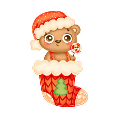 Illustration of cute cartoon christmas bear wearing red hat with lollipop in red christmas sock isolated on white background