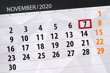 Obraz premium Calendar planner for the month november 2020, deadline day, 7, saturday