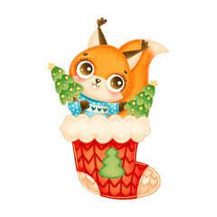 Illustration of cute cartoon christmas squirrel wearing blue sweater with christmas tree in red christmas sock isolated on white background