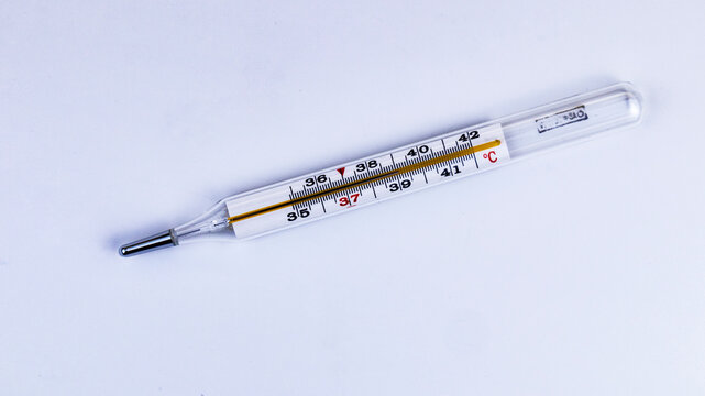 mercury thermometer with high temperature, on a white background